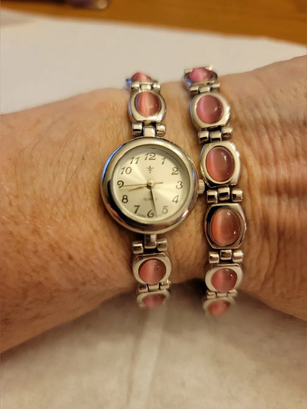 Women's Silver Bracelet Watch with Pink Stone Accents